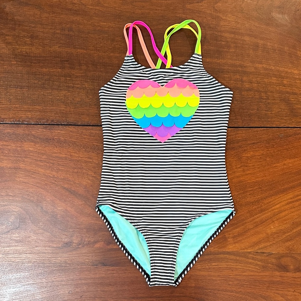 Girls Size 10 Colorful Fish Scales Print Heart Criss Cross Strap 1Piece Swimsuit